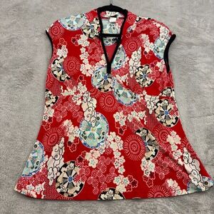 VTG Y2K Twin USA Mandarin Style Semi Sheer Babydoll Top Womens XL Red Floral Art